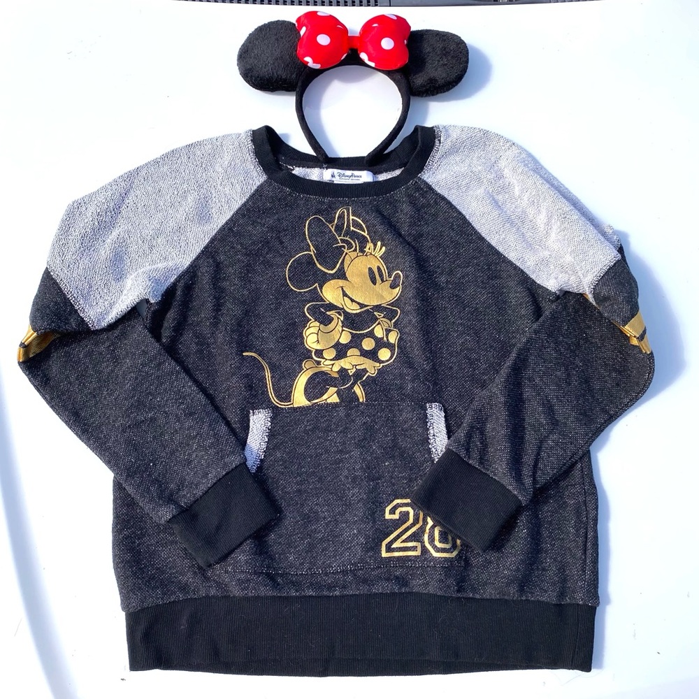 Minnie Mouse Bundle - Bow Top Ears, Crew Neck Gray Sweatshirt Size Medium